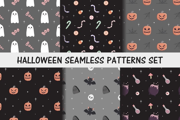 Set di modelli senza cuciture di Halloween Sfondo bambino per tshirt stampa imballaggio carta da imballaggio ecc. Zucca carina e dolci fantasma sorridente pipistrello calderone della strega
