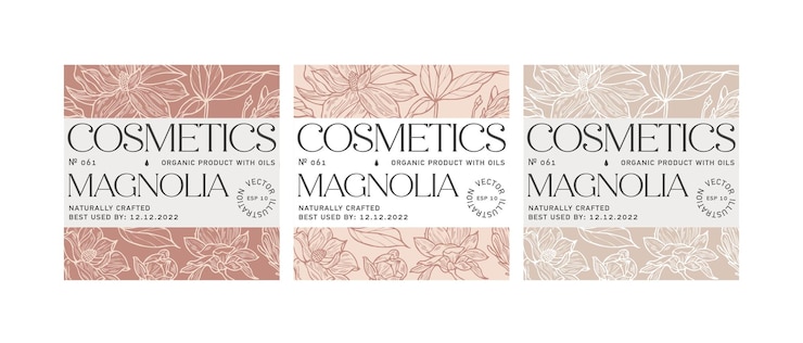 Vettore set di modelli vettoriali per cosmetici con design del modello di etichetta. modelli o carta da regalo per pacchetti e saloni di bellezza. fiori di magnolia. cosmetici biologici e naturali.