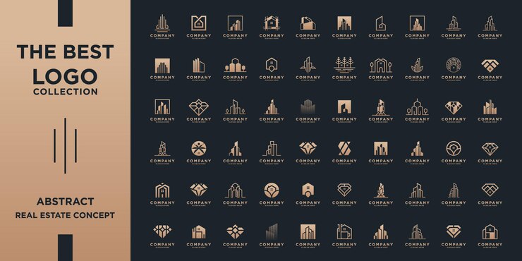 Set di modello di logo astratto immobiliare. Mega collezione con concetto dorato per edificio, architettura, casa, appartamento, hotel, elemento logo.