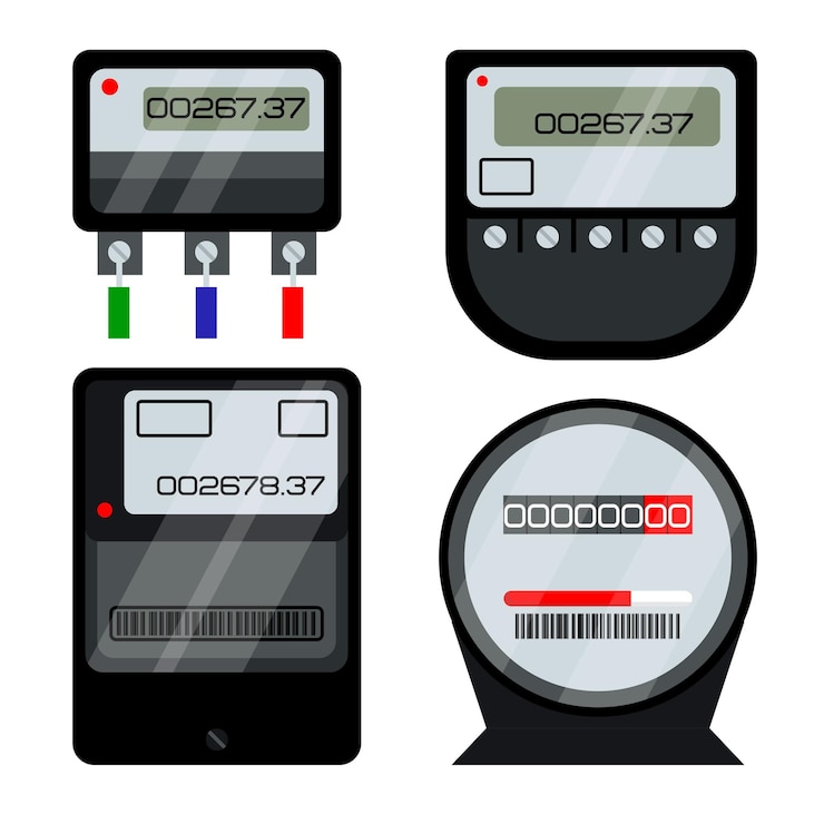 Vettore set di moderni contatori elettrici in stile cartone animatoillustrazione vettoriale di elettrodomestici contatori elettrici di diverse forme per la misurazione del consumo di elettricità isolati su sfondo bianco