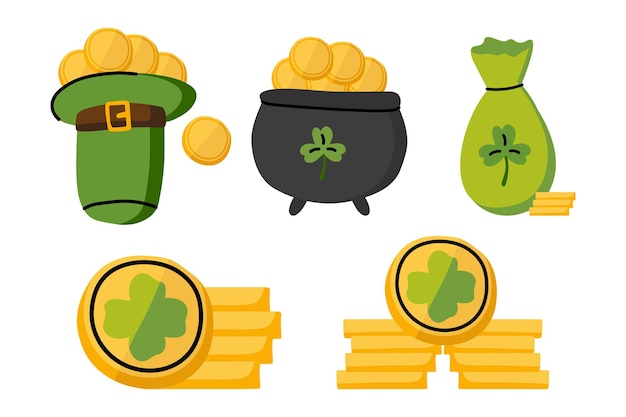 Set di monete d'oro calderone con monete doro in stile cartone animato