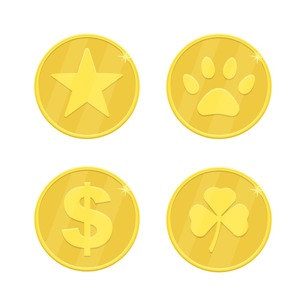Set di monete d'oro Monete da gioco con diverse incisioni Illustrazione piatta vettoriale