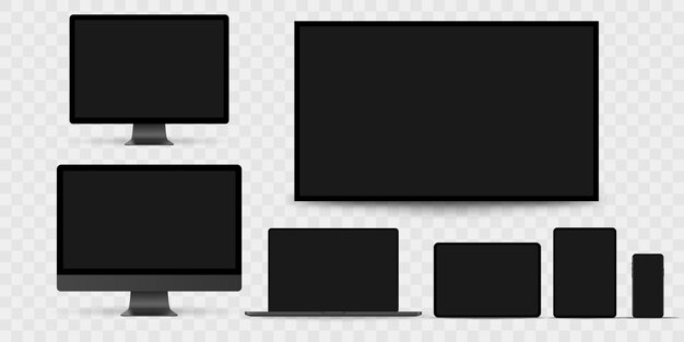 Set di monitor realistico, laptop, tablet, telefono su uno sfondo bianco