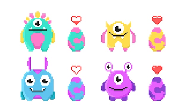 Set di mostri pixel colorati in stile cartone animato Illustrazione vettoriale di personaggi del gioco che proteggono le uova con un indicatore di salute su sfondo bianco