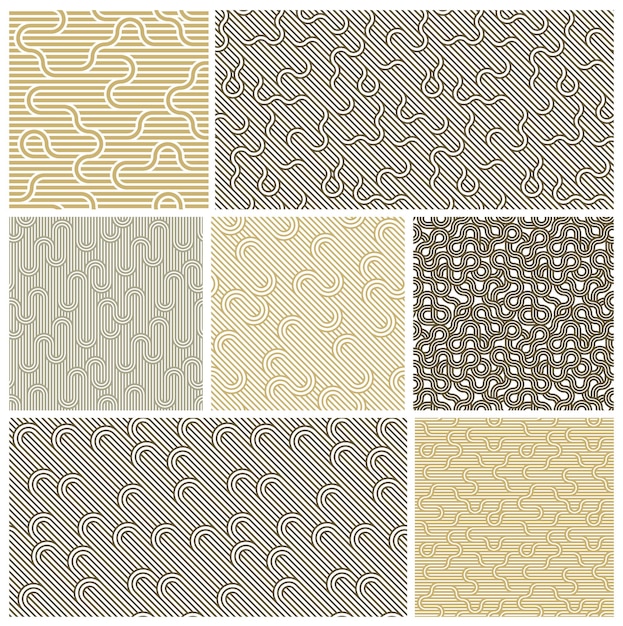 Set di motivi geometrici minimalisti vettoriali lineari senza soluzione di continuità, linee astratte che piastrellano sfondi, tessitura a strisce, labirinto ottico, strisce attorcigliate.