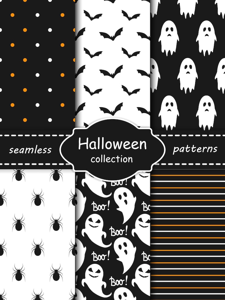 Vettore set di motivi senza giunture per halloween raccolta di sfondi a strisce di ragno a pois di pipistrello di fantasmi