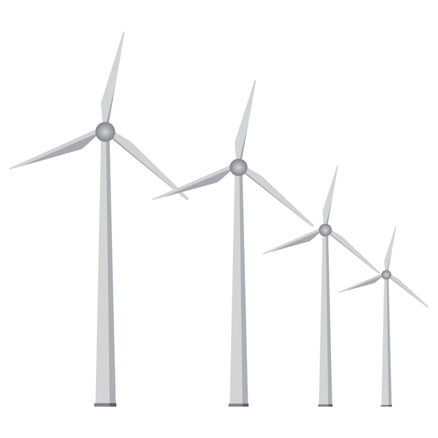 Set di mulini a vento per la produzione di energia pulita rinnovabile Illustrazione isolata Illustrazione vettoriale