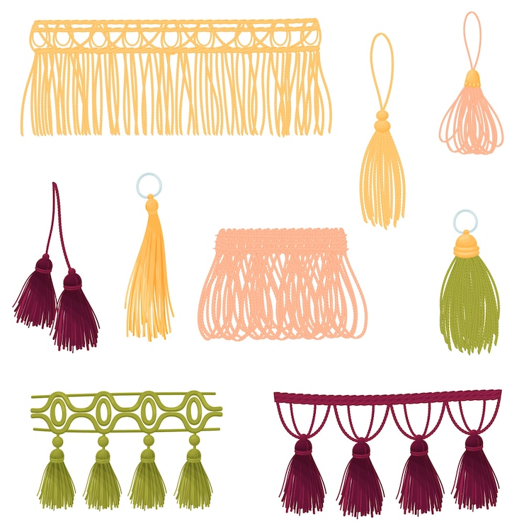 Vettore set di nappe decorative di diversi colori e forme. illustrazione su sfondo bianco.