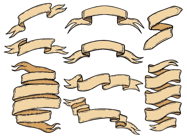 Set di nastri disegnati a mano. Elemento di design per emblema, segno, poster, banner.