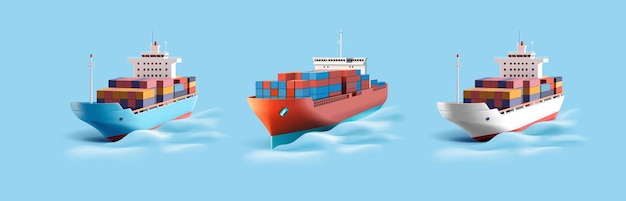 Set di navi cargo colorate con container 3D Rendering di navi cargo per internazionali