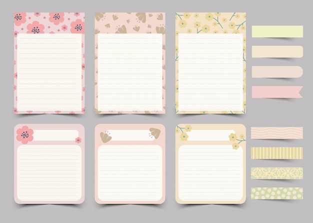 Set di note del diario personale e note adesive.