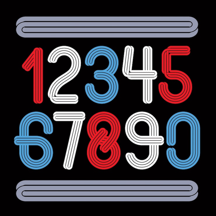 Vettore set di numeri arrotondati funky vettoriali realizzati con linee parallele, possono essere utilizzati per la creazione di logo nel settore dell'intrattenimento.