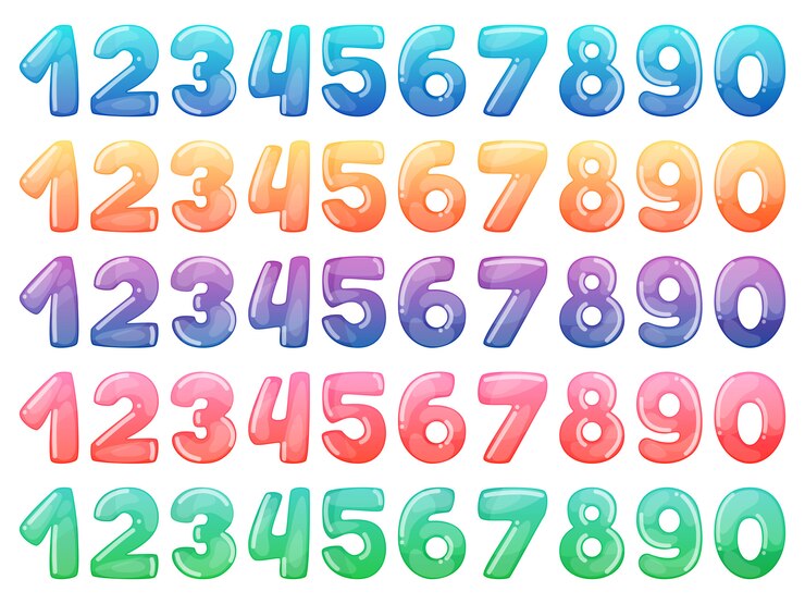 Vettore set di numeri dei cartoni animati a colori. caramella arcobaleno e simboli lucidi divertenti dei cartoni animati.