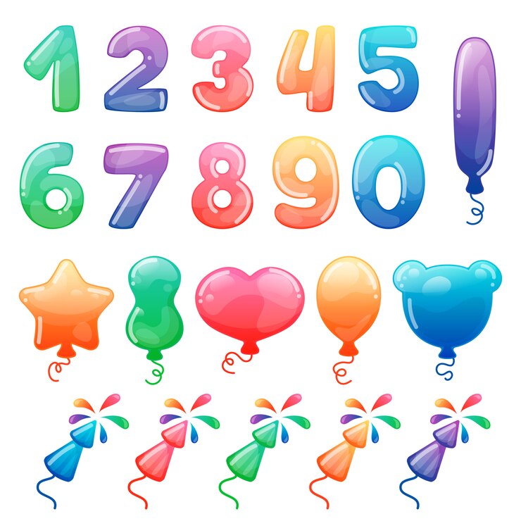 Vettore set di numeri dei cartoni animati a colori, palloncini e fuochi d'artificio.