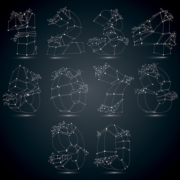 Set di numeri monocromatici a basso poli vettoriale 3d con linee e punti collegati bianchi, carattere luminescente wireframe geometrico con frammenti. Numerazione prospettica frantumata con filettatura.