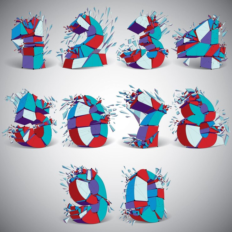 Vettore set di numeri wireframe colorati vettoriali 3d suddivisi in frammenti diversi, numerazione poligonale geometrica con mesh di linee. dattiloscritto low poly frantumato, elementi reticolari prospettici.