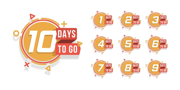 Set di numero di giorni per il conto alla rovescia. Conto alla rovescia da 1 a 10, l'etichetta o l'emblema dei giorni rimasti possono essere utilizzati per promozione, vendita, pagina di destinazione, modello, interfaccia utente, web, app mobile, poster, banner, volantino. .