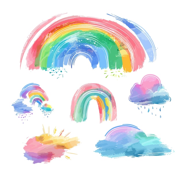 Set di nuvole arcobaleno ad acquerello Fantasia colore pastello Elementi vettoriali di vivaio