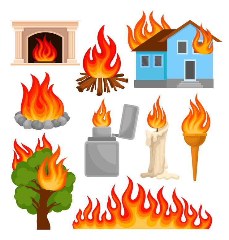 Vettore set di oggetti ardenti e ardenti, fonti di propagazione del fuoco illustrazioni su uno sfondo bianco