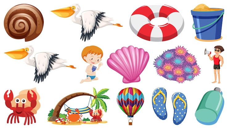 Vettore set di oggetti da spiaggia estivi e personaggi dei cartoni animati