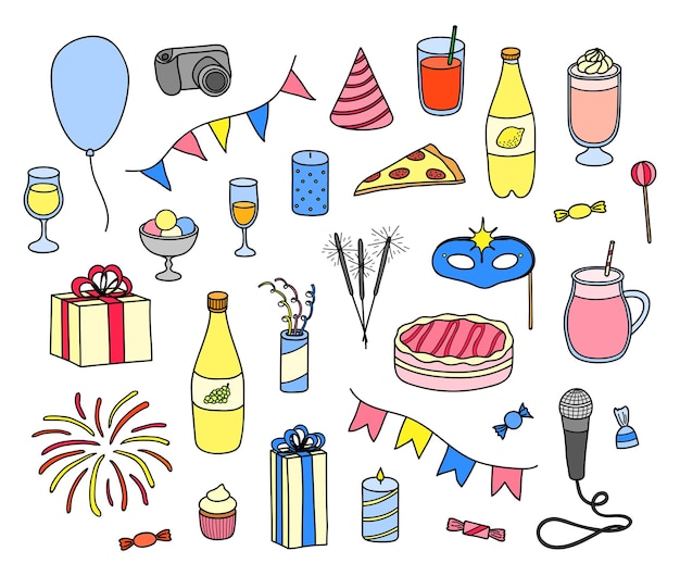 Set di oggetti di festa disegnati a mano