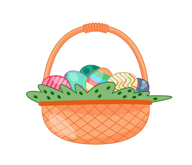 Set di oggetti di scena per Pasqua Cesto di lana con uova colorate Festa religiosa internazionale Festa tradizionale primaverile Raccolta di vettori piatti di cartoni animati isolati su sfondo bianco