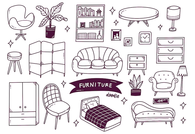 Vettore set di oggetti interni in stile doodle disegnato a mano