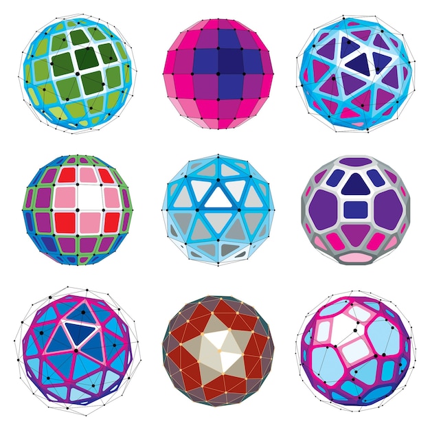 Set di oggetti low poly wireframe dimensionali vettoriali, forme sferiche sfaccettate con griglia. La raccolta di elementi di tecnologia 3d mesh può essere utilizzata come forme di progettazione in ingegneria.