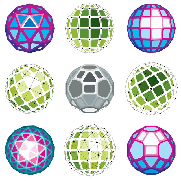 Set di oggetti low poly wireframe dimensionali vettoriali, forme sferiche sfaccettate con griglia. La raccolta di elementi di tecnologia 3d mesh può essere utilizzata come forme di progettazione in ingegneria.