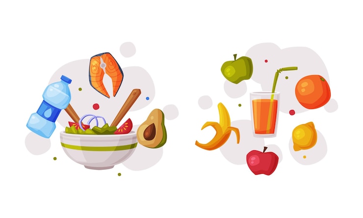 Vettore set di oggetti per una dieta sana e per lo sport prodotti freschi utili salmone pesce cibo biologico fresco e succo illustrazione vettoriale