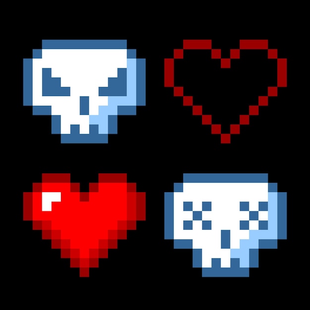 Set di oggetti vettoriali pixel art minimalisti gioco isolato 8 bit stile grafico simboli gruppo collezione cranio e cuore