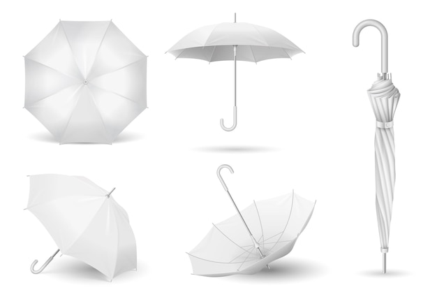 Set di ombrelli bianchi 3d design realistico Ombrelloni aperti e chiusi mockup Oggetto di protezione dalla pioggia piegato e aperto su sfondo bianco Illustrazione vettoriale