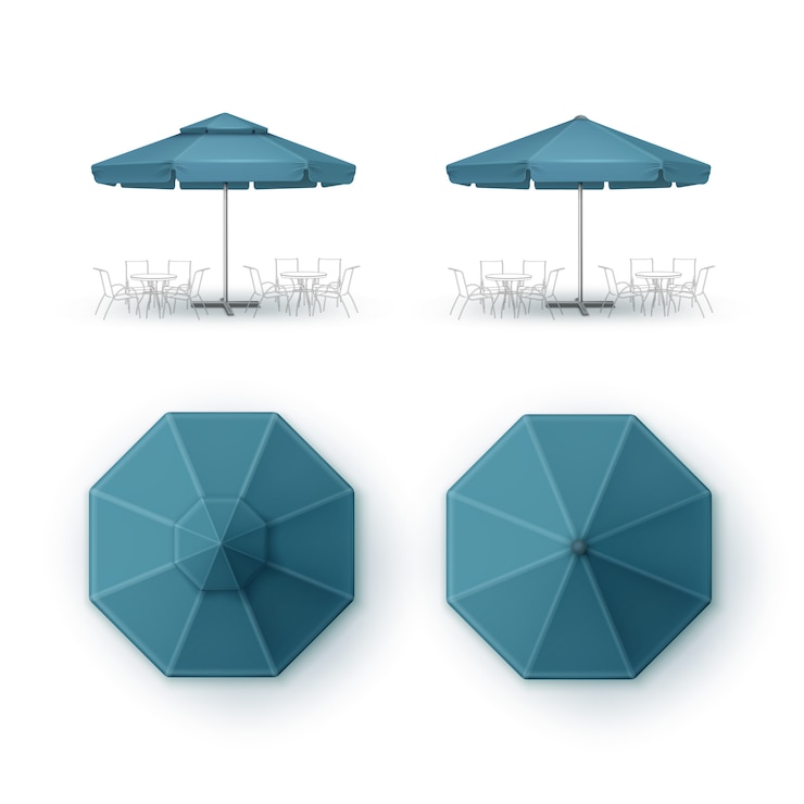 Vettore set di ombrellone rotondo blu patio all'aperto cafe pub
