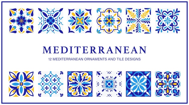 Set di ornamenti e piastrelle mediterranee spagnole portoghesi italiane piastrelle blu e gialle vettore