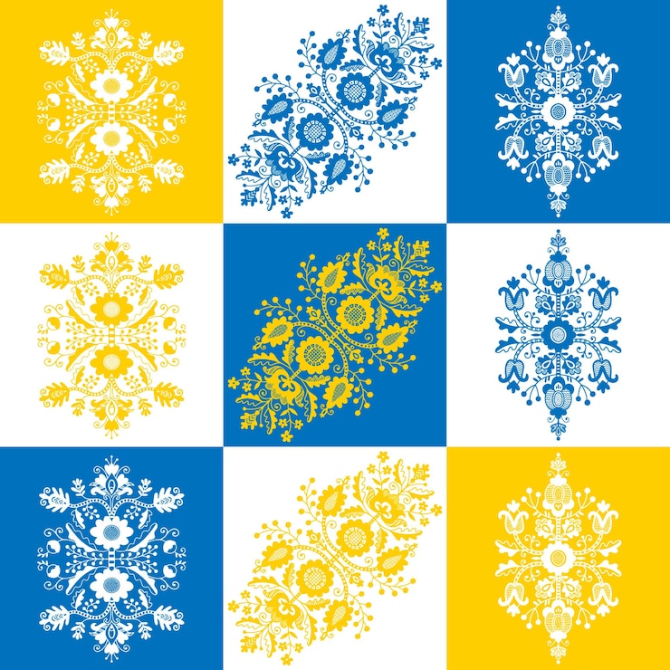 Vettore set di ornamenti floreali popolari ucraini nei colori giallo e blu