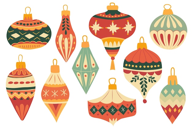 Set di ornamenti natalizi vintage con motivi retro