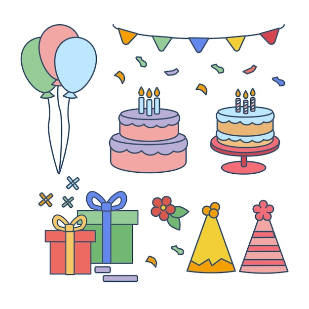 Set di ornamento carino buon compleanno e torte crostate