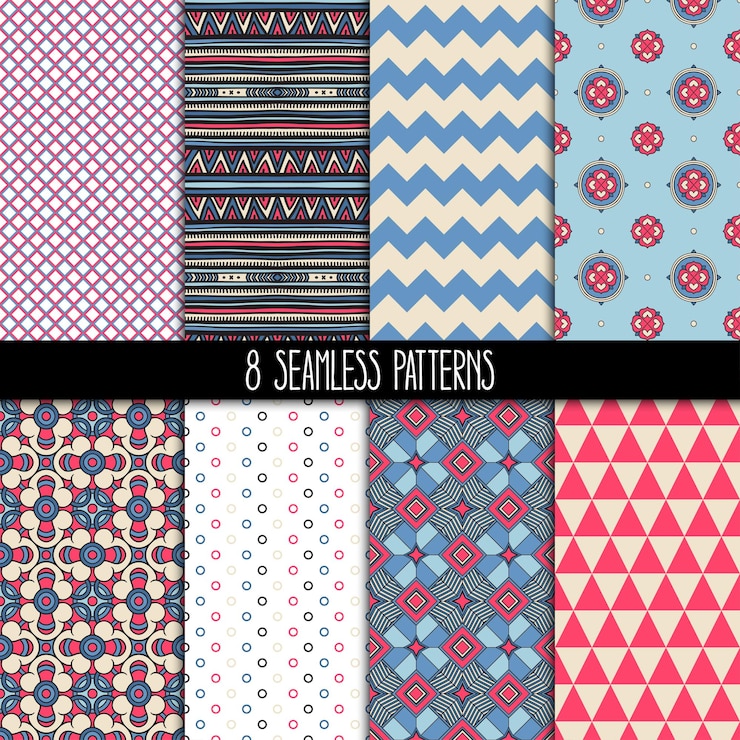 Vettore set di otto diversi motivi ornamentali rosa e blu. ornamenti etnici floreali e geometrici