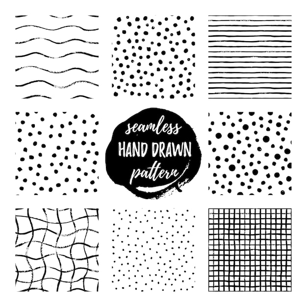 Set di otto mano disegnare modello bianco nero. Reticolo senza giunte di struttura di vettore di punti, pois, griglia, strisce e onde. Elegante design vettoriale per tessuto, carta da parati