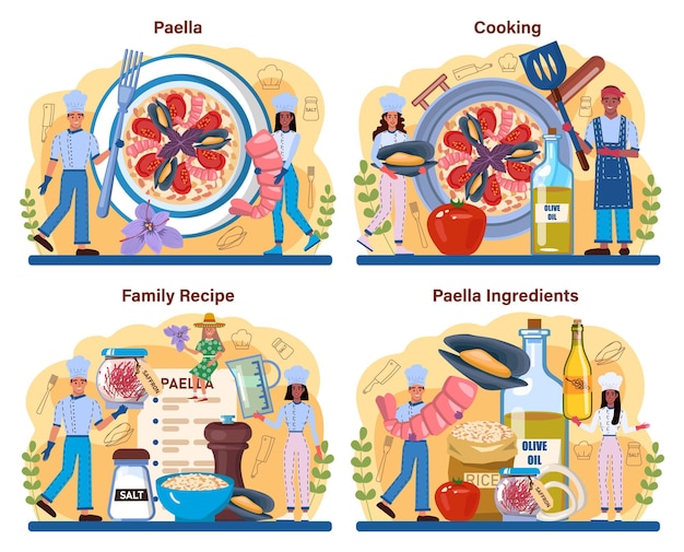 Set di paella piatto tradizionale spagnolo con frutti di mare e riso su un piatto
