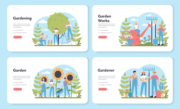 Set di pagine di destinazione web di giardinaggio. Idea di attività di designer orticolo. Carattere che pianta alberi e cespugli. Attrezzo speciale per lavoro, pala e vaso di fiori, tubo flessibile. Illustrazione piatta isolata