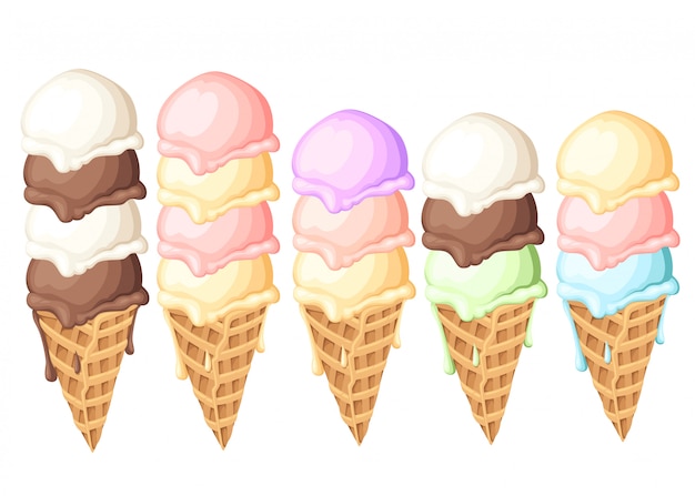 Set di palline di gelato in coni di cialda. Gelato di grandi dimensioni e colore diverso. illustrazione su sfondo bianco. Pagina del sito Web e app per dispositivi mobili