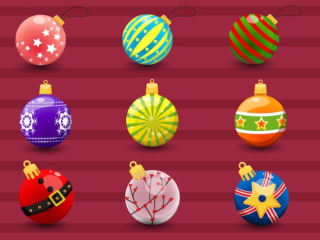 Set di palline di Natale colorate. Raccolta di buon Natale e Capodanno. Illustrazione vettoriale