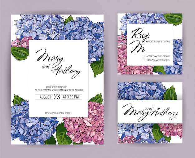 Set di partecipazioni di nozze, ortensia invito card design