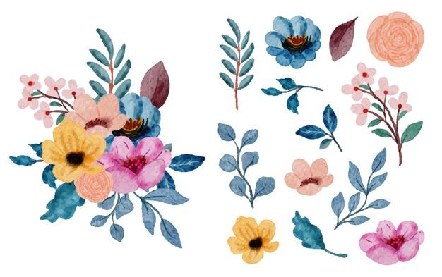 Set di parti separate e riunire un bellissimo bouquet di fiori in stile acquarello su sfondo bianco piatto illustrazione vettoriale