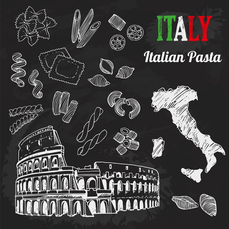 Vettore set di pasta italiana collezione di architettura italiana mappa alimentare dell'italia sfondo lavagna