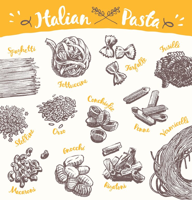 Vettore set di pasta italiana disegnata a mano, illustrazione vettoriale, schizzo