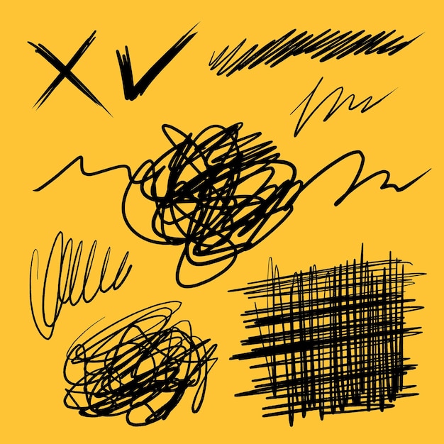 Set di penna a inchiostro disegnata a mano scarabocchi segno di spunta illustrazione vettoriale