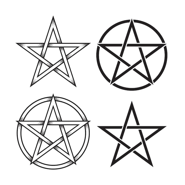 Set di pentagramma o pentangle Punto disegnato a mano antico simbolo pagano della stella a cinque punte