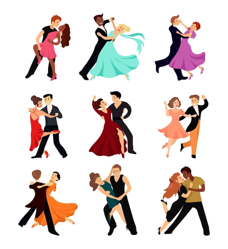 Set di personaggi che ballano balli di coppia